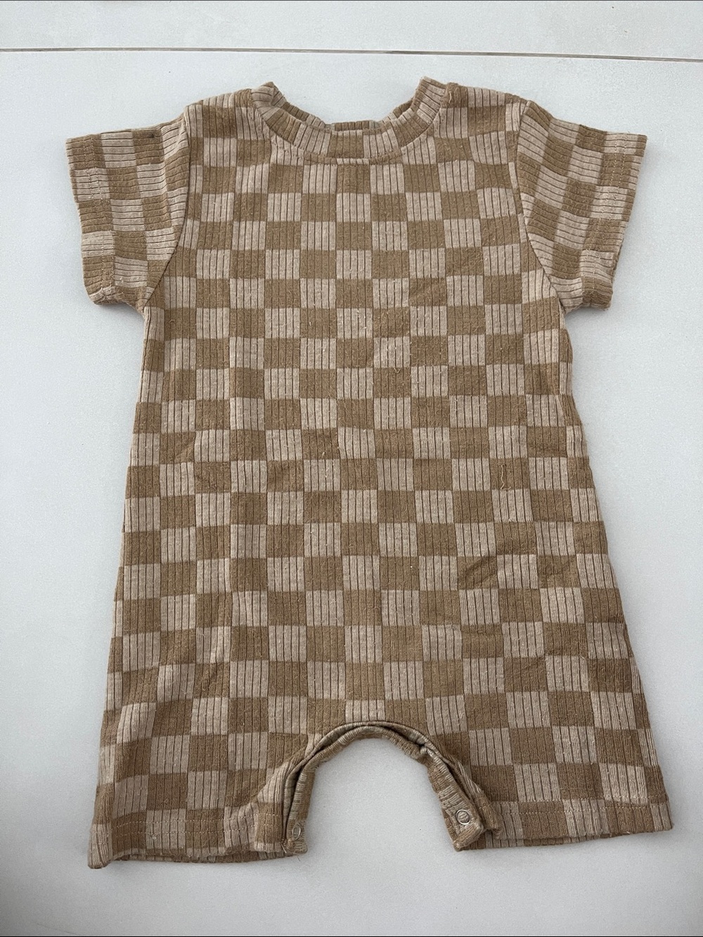 Kids Checkered Short Sleeve One-Piece Romper in Beige